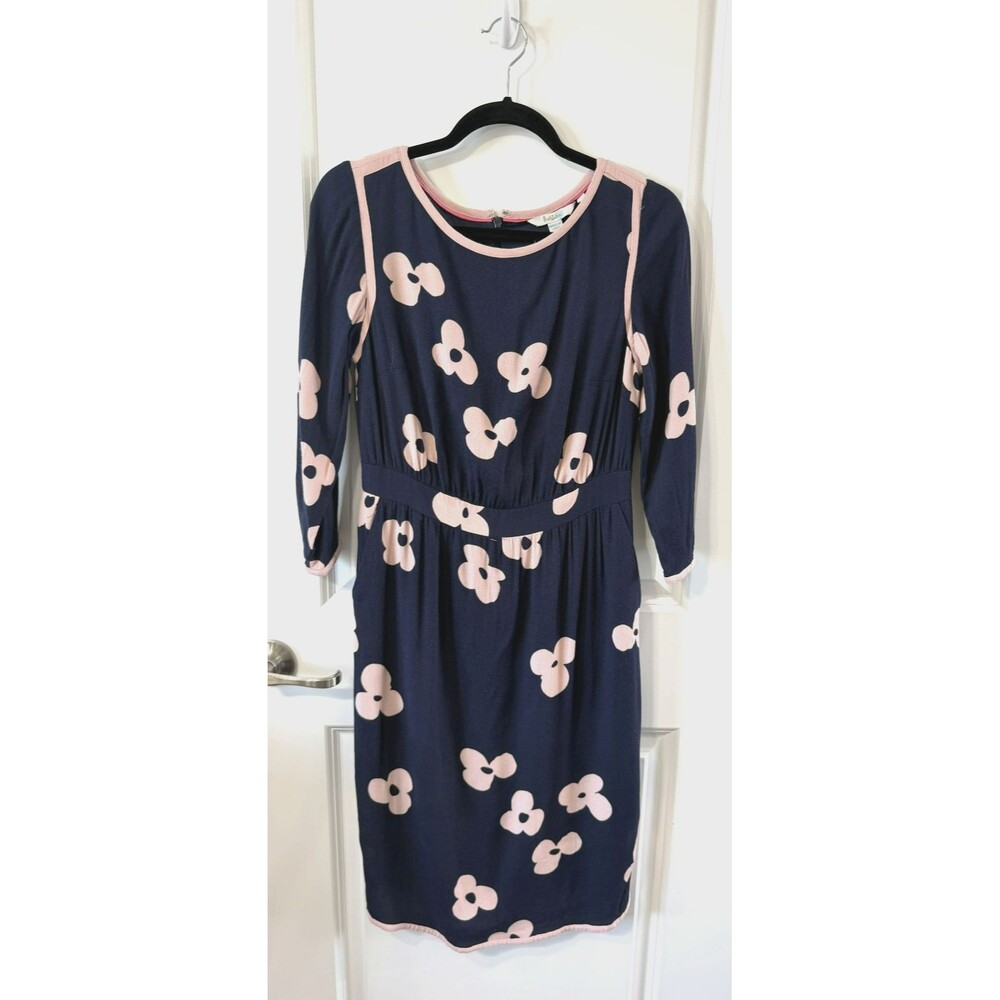 Women’s Boden Dress Navy & Pink Floral Knee-Length  3/4 Sleeve Size 6L